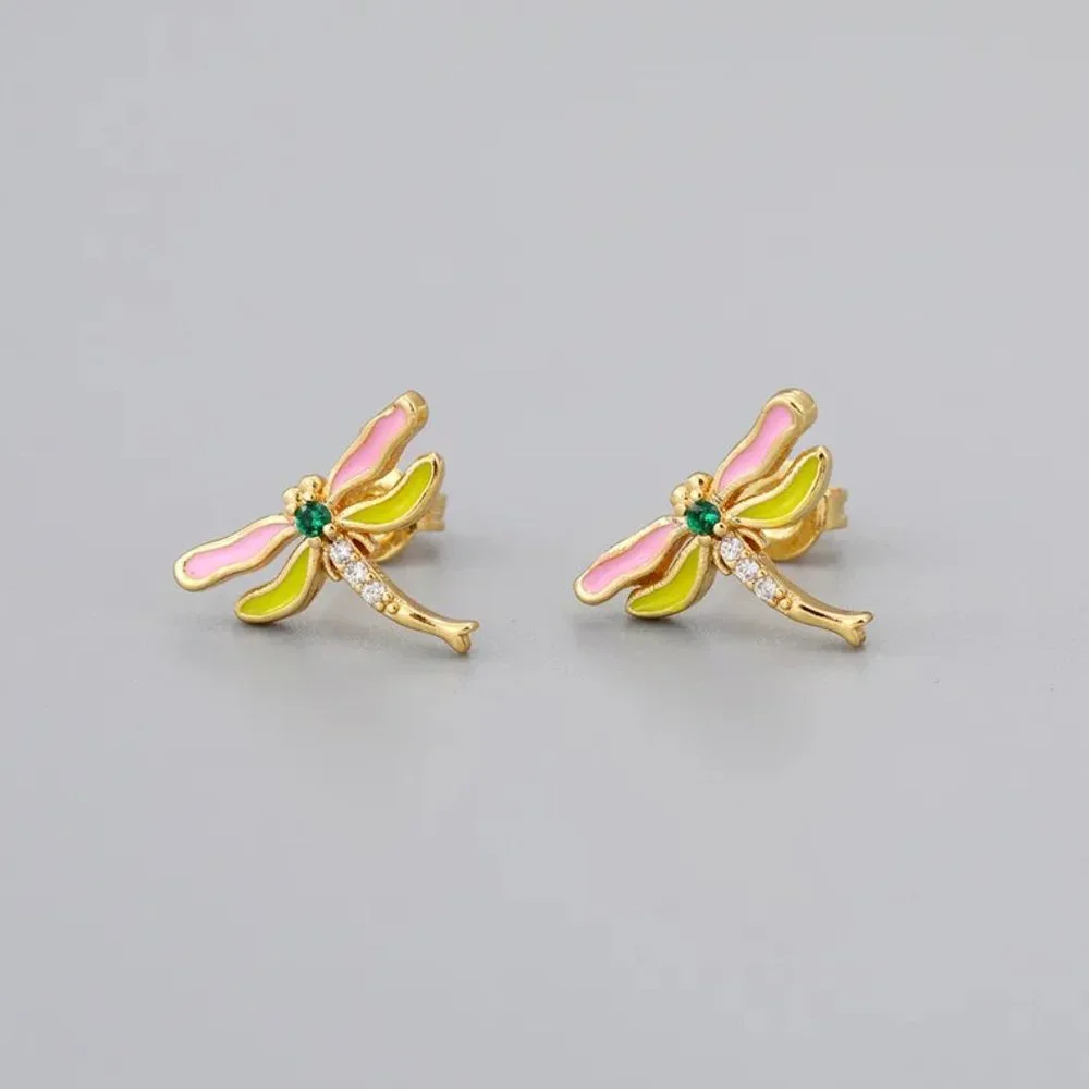 Dainty Pink & Gold Dragonfly CZ Diamonds Boho Small Stud Earrings NEW - Picture 3 of 3